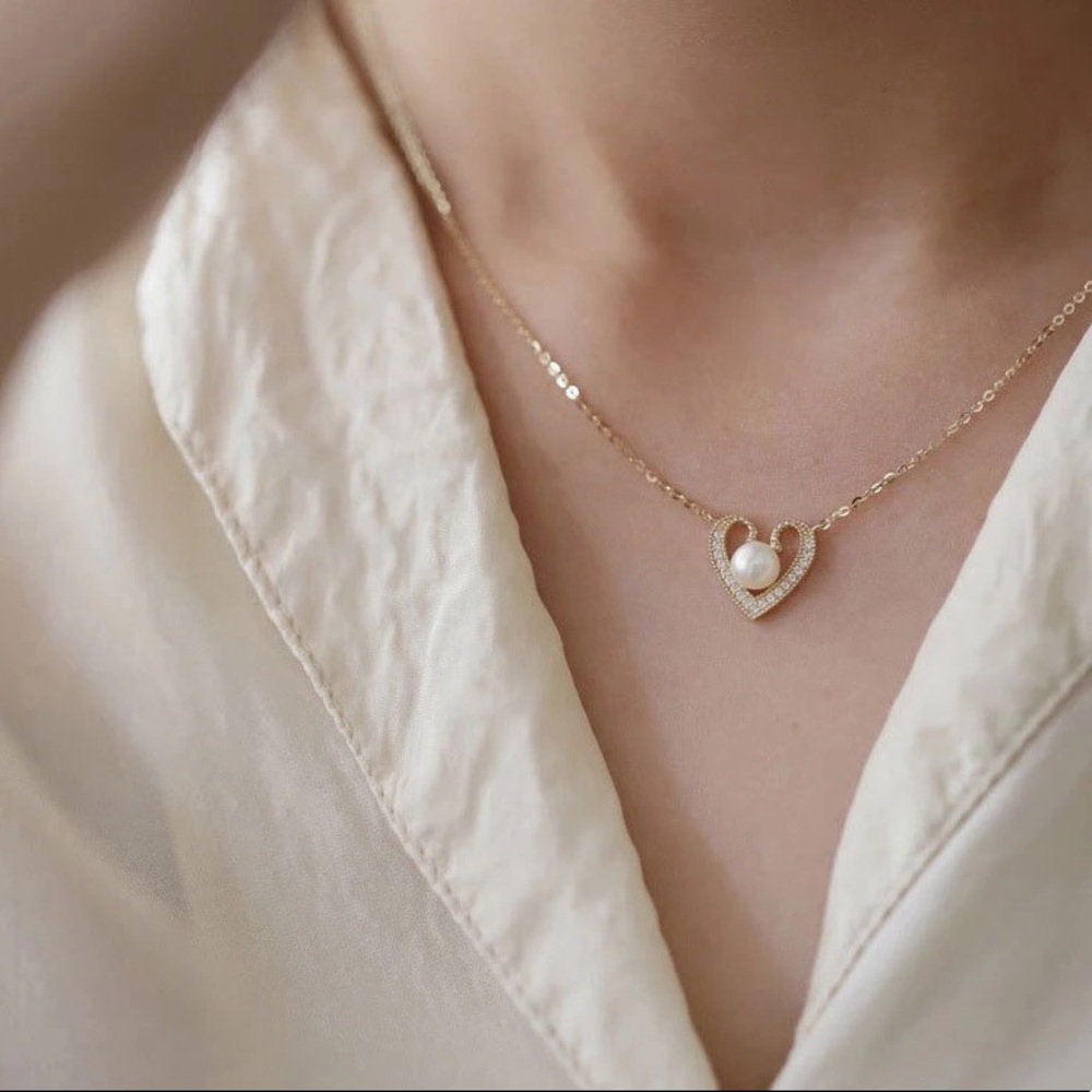 New 18K Gold Vermeil Sterling Silver 925 Pearl Bead Crystal Heart Necklace